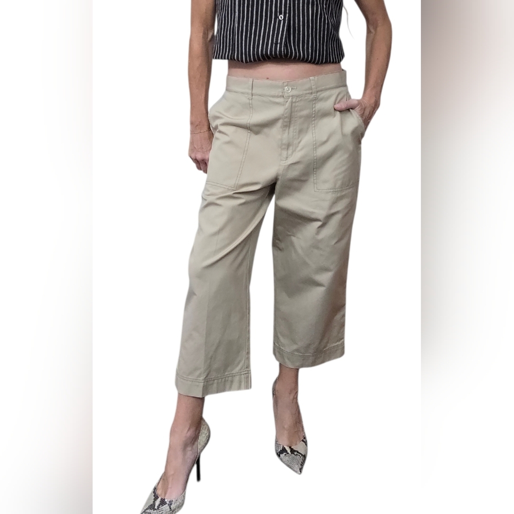Lauren Ralph Lauren Khaki Cropped Wide Leg Pants Cotton Culottes Size 6